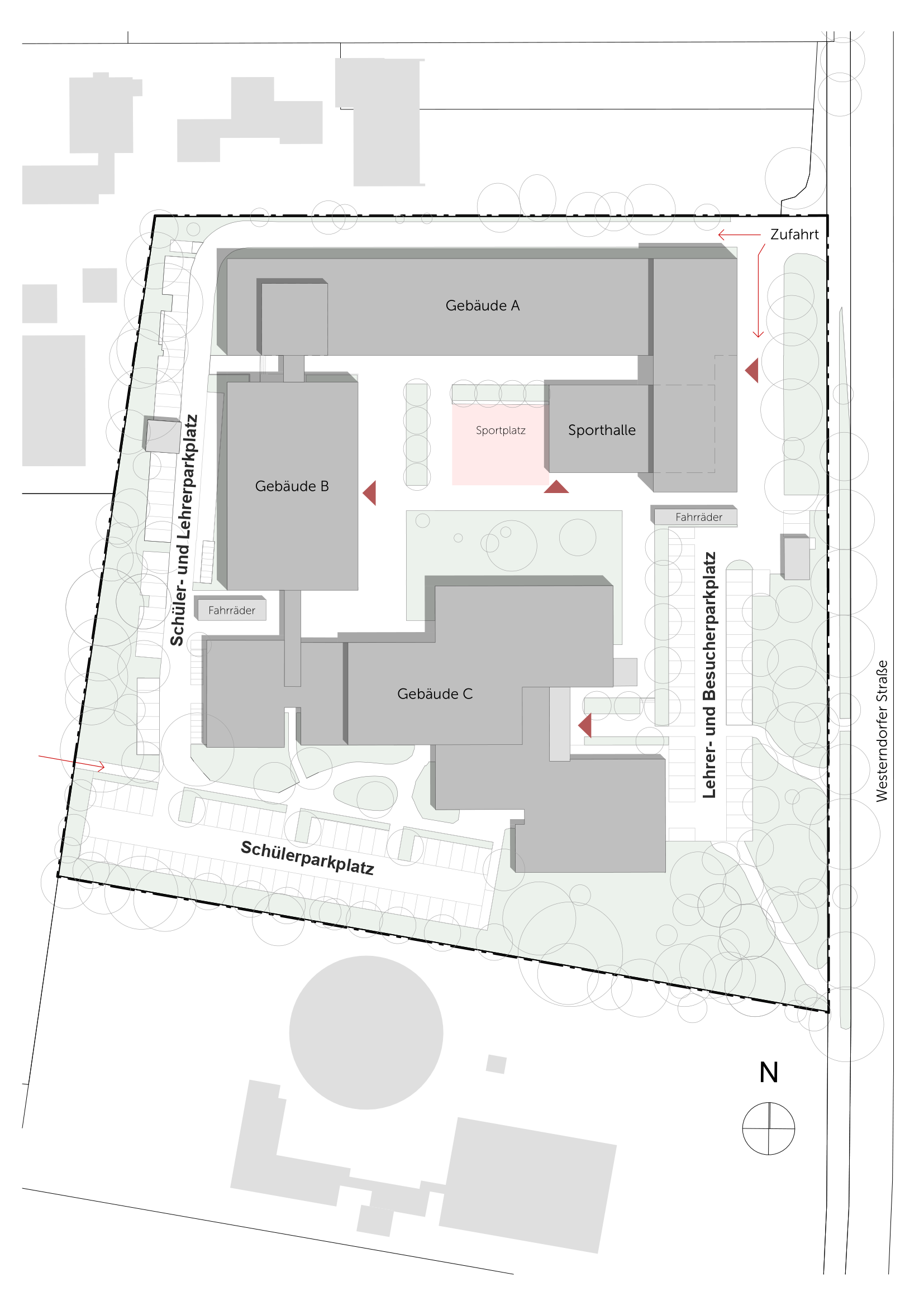 Lageplan mit Gebäuden A, B und C, Sporthalle, Schülerparkplatz im Süden, Schüler- und Lehrerparkplatz im Westen sowie Lehrer- und Besucherparkplatz im Osten